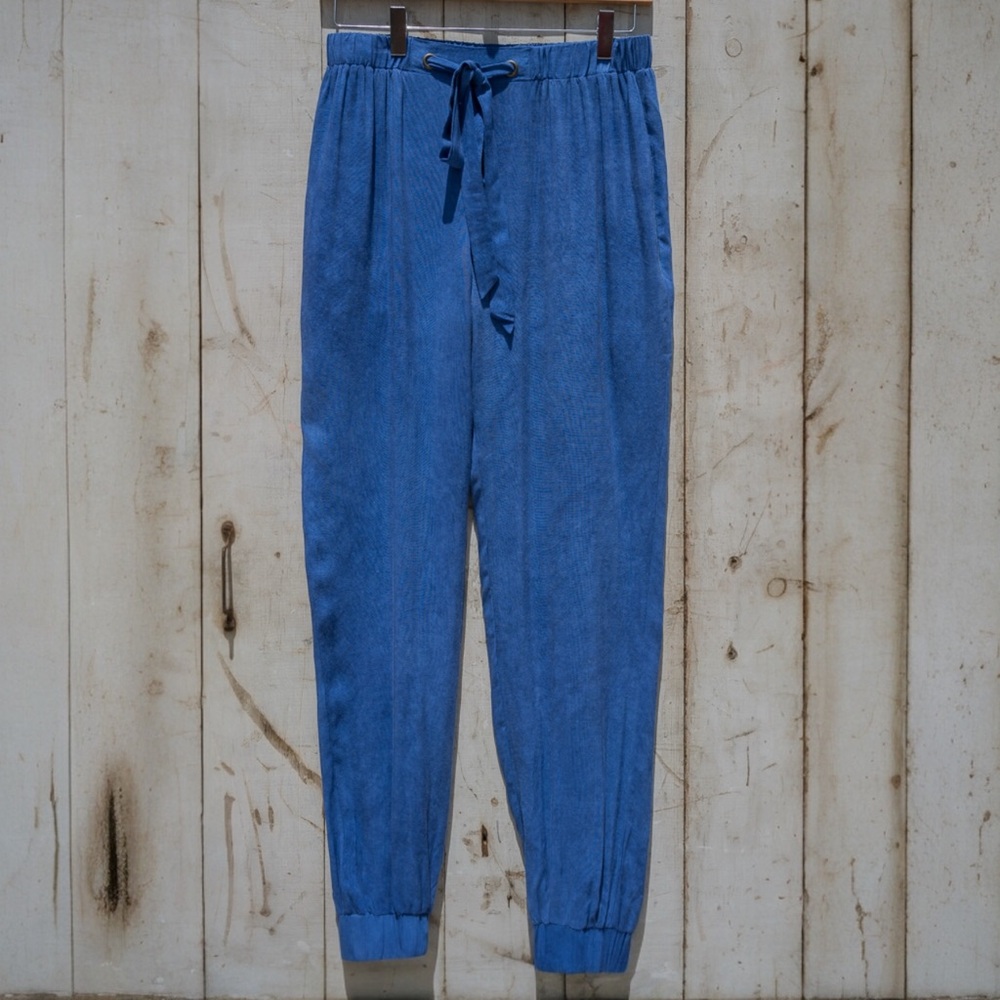 Easel Blue Rayon Linen Blend Jogger Pants Tie Waist Cuffed Size M and L